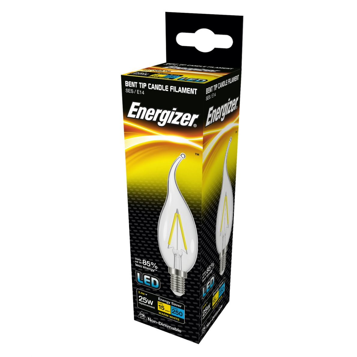 Energizer LED Filament Clear 2,4W (Eq 25W) E14, S12854, tvar zahnutá svíčka 