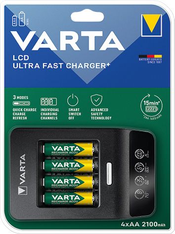 VARTA LCD Ultra Fast 15min charger + 4xAA 2100mAh R2U - 4 místa + adaptér 12V 